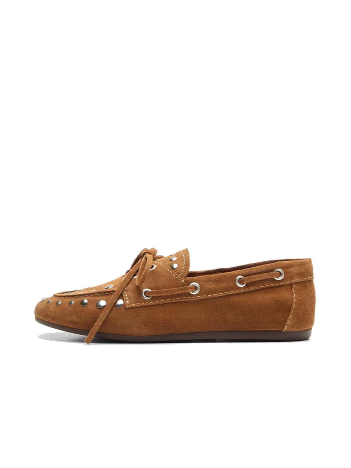 Caramel Faux Suede Round-Toe Studs And Bow Classic Boat Shoes Flats