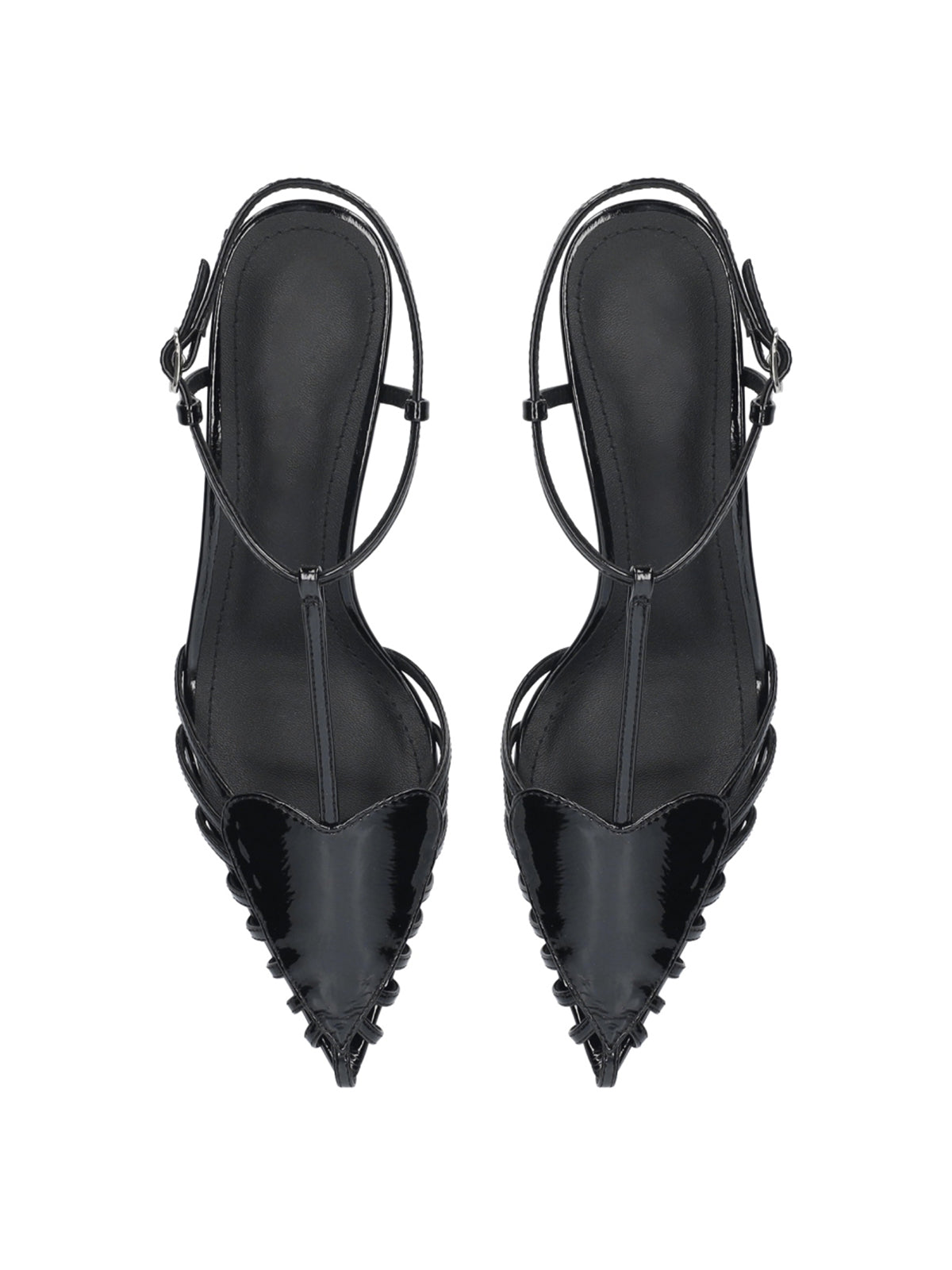Patent Black Pointed-Toe Front Heart Design Ankle Strap Kitten Heels