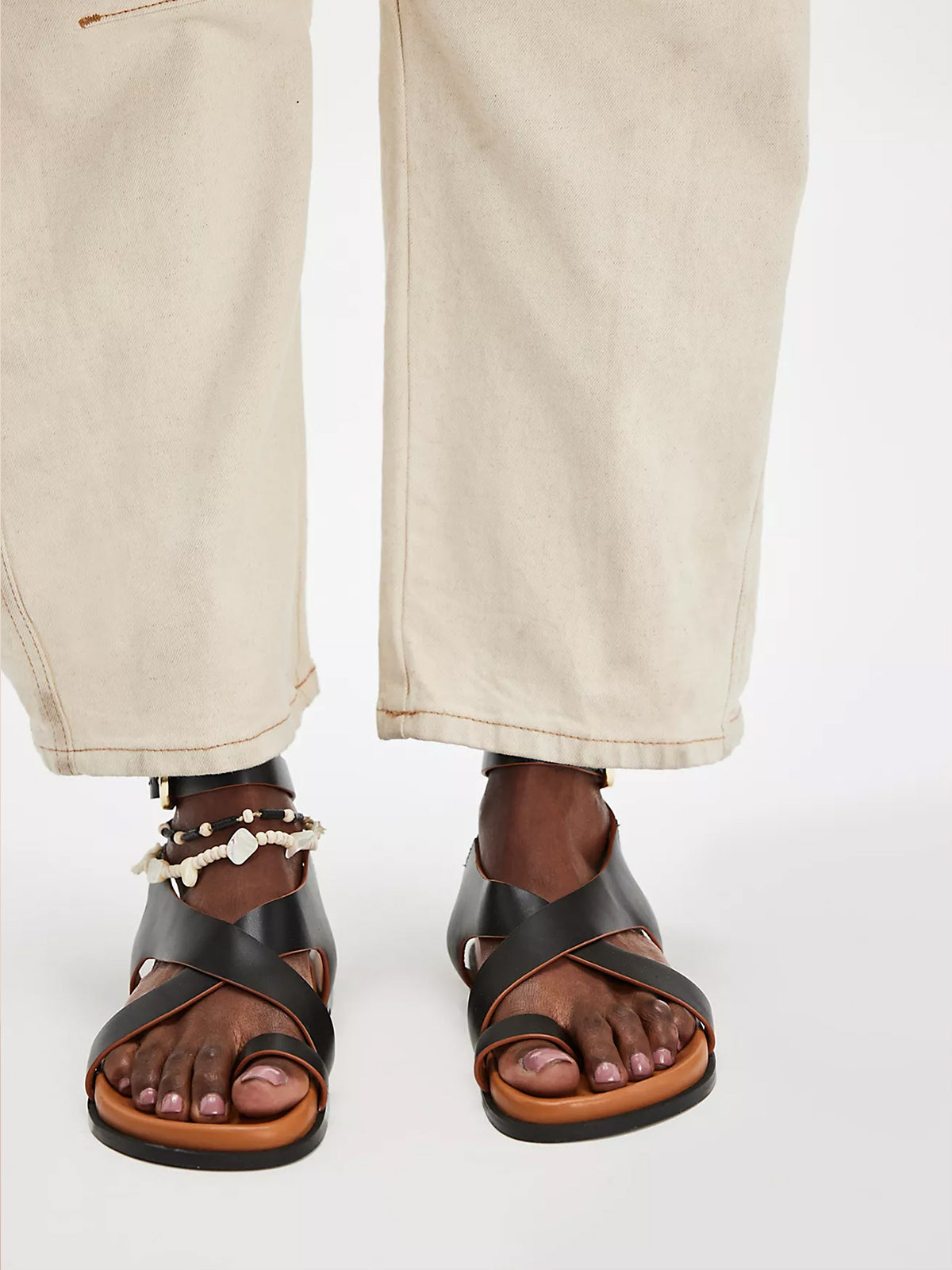 Black Round-Toe Criss-Cross And Ankle Straps Footbed Sandals