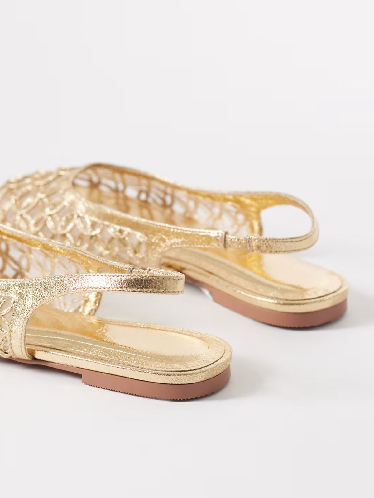 Metallic Gold Woven Vegan Leather Square-Toe Classic Back Strap Flats