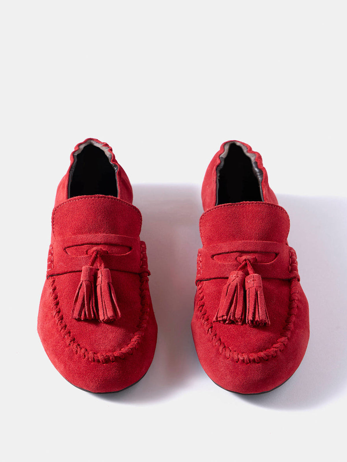 Red Cow Suede Round-Toe Front Fringe Chic Loafers Slip-On Flats