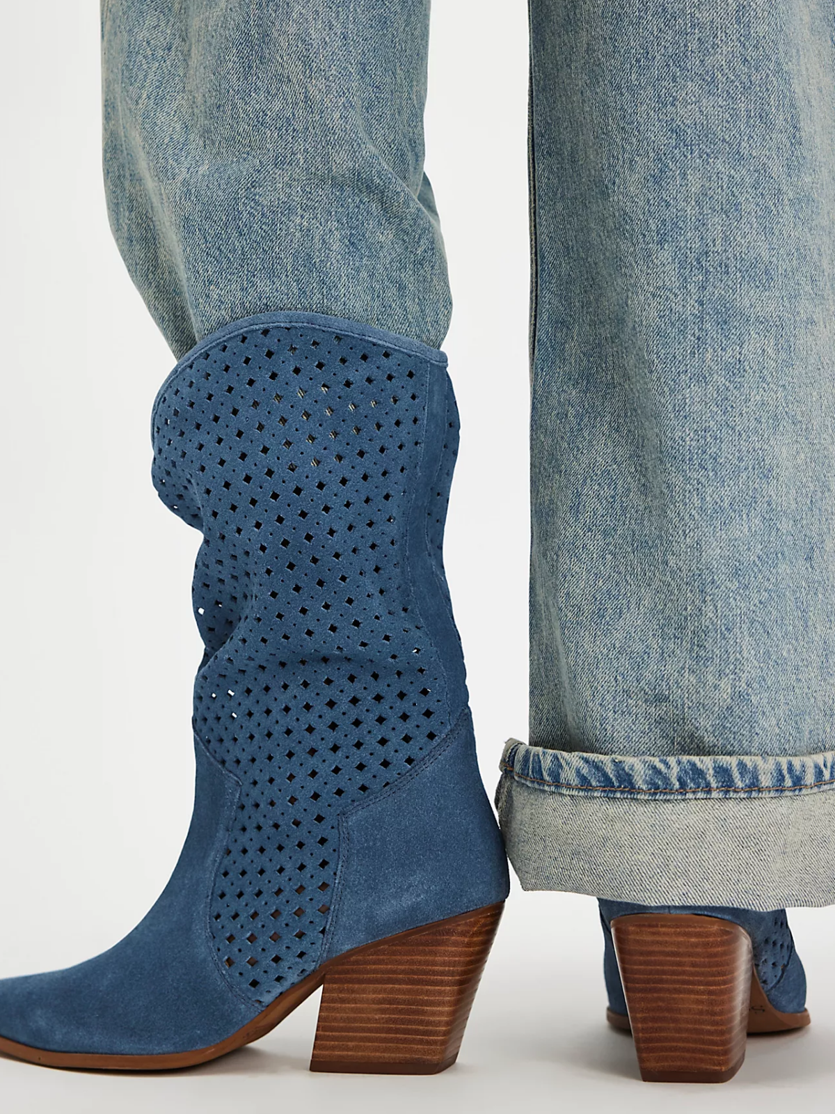 Blue Faux Suede Pointed-Toe Slouchy Perforated Wide Mid Calf Cowgirl Boots