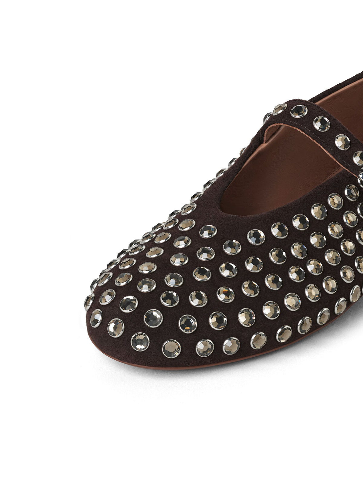 Dark Brown Faux Suede Round-Toe Mary Jane Ballet Flats With Rhinestone