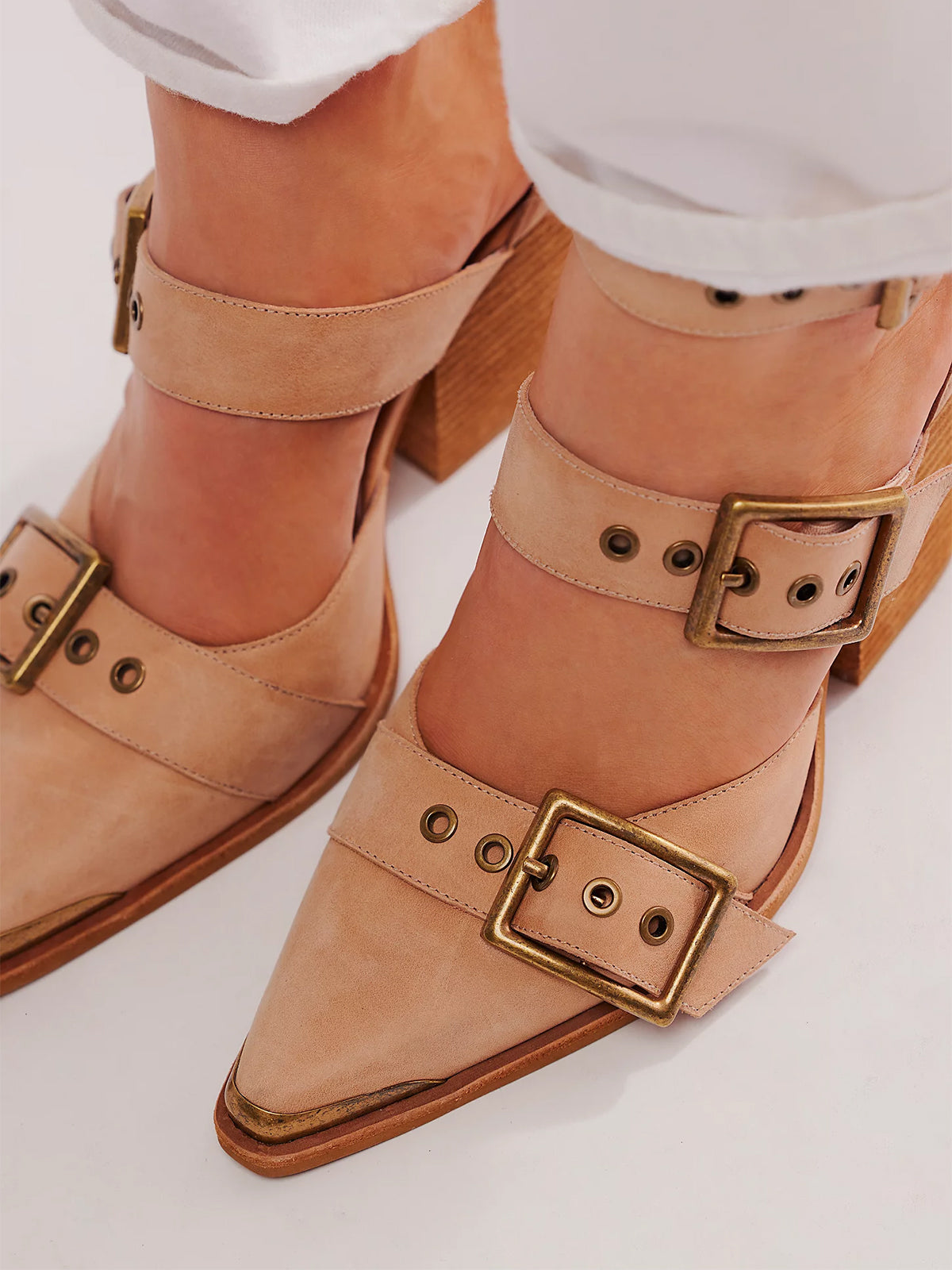 Pointed-Toe Three Buckled Straps Back Zip Chunky High Heels - Natural