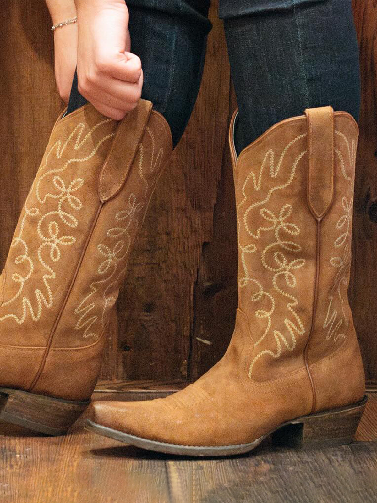 Faux Suede Embroidery Snip-Toe Wide Mid Calf Cowgirl Boots - Brown