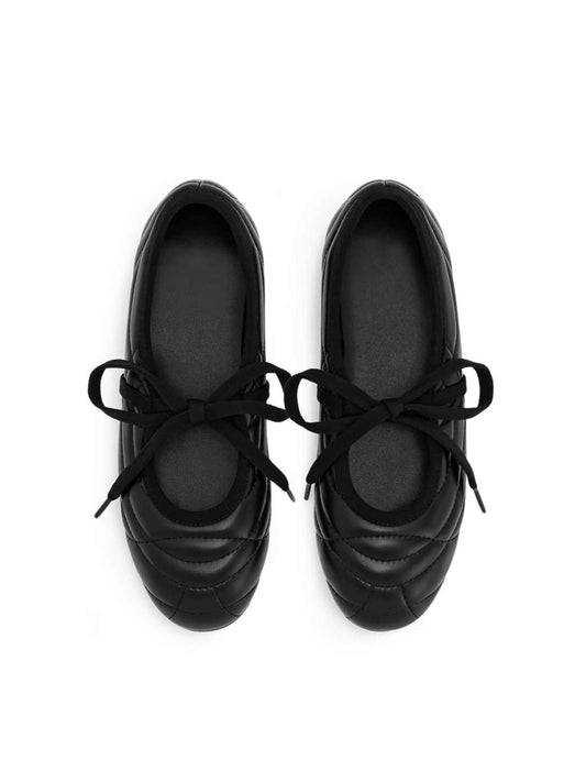 Black Round-Toe Topstitching Lace Up Ballet Flats