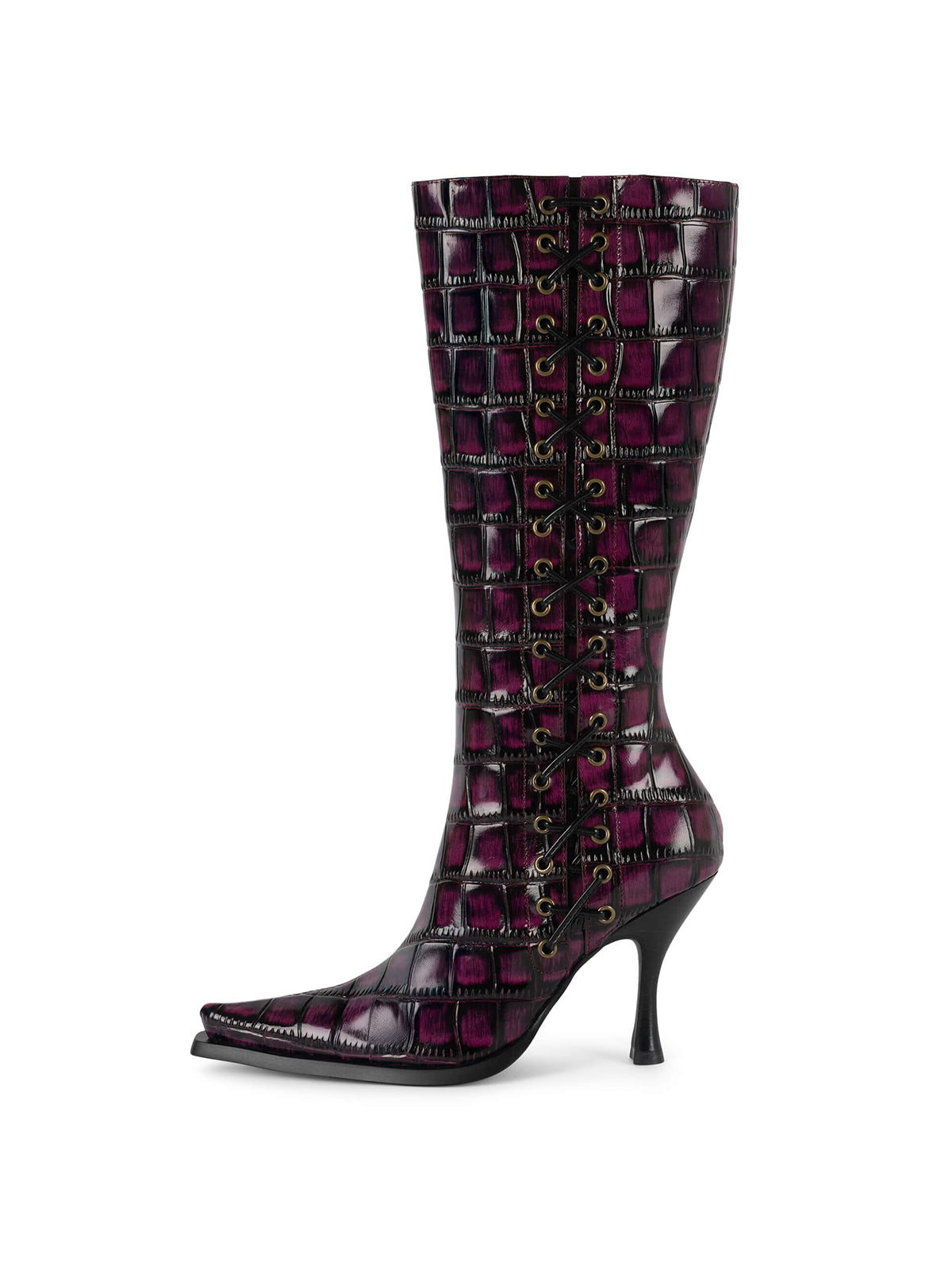 Wine Black Pointed-Toe Side Lace-Up And Full-Zip Wide Calf Knee High Stiletto Boots
