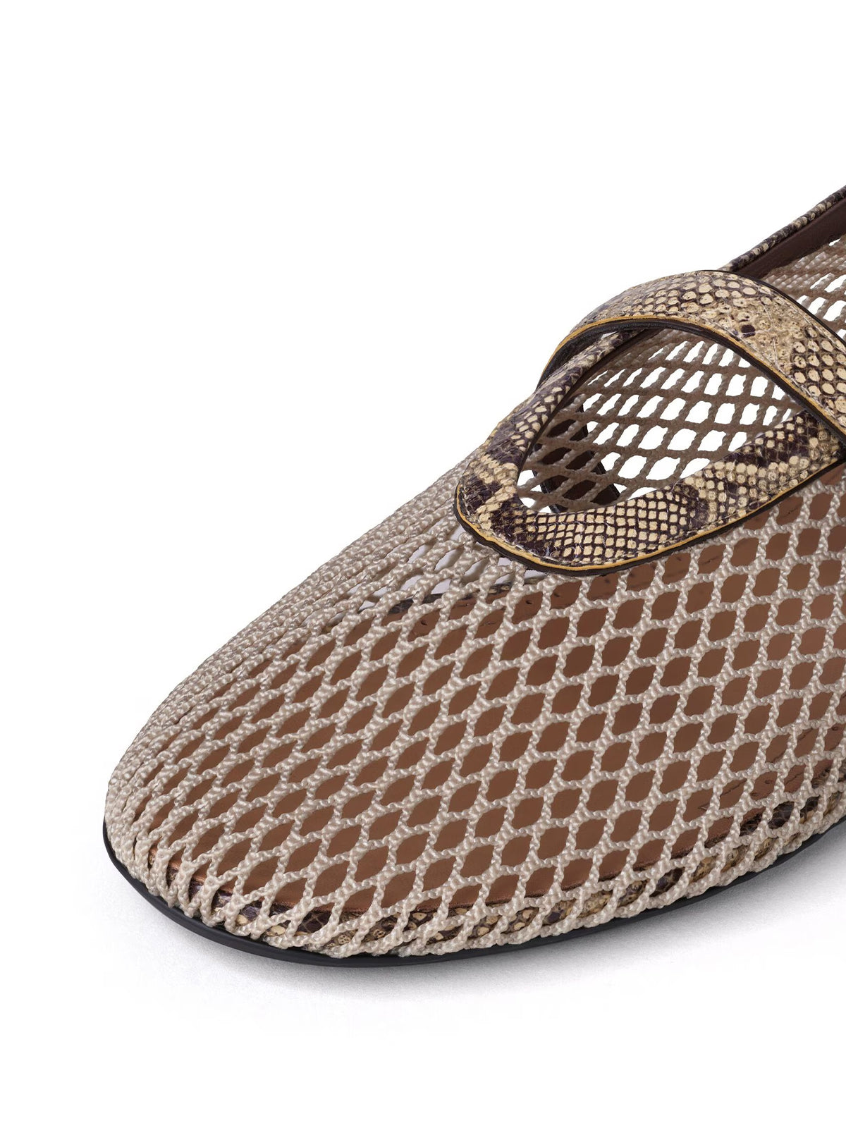 Honey Mesh And Snakeskin Pattern Square-Toe Mary Jane Ballet Flats
