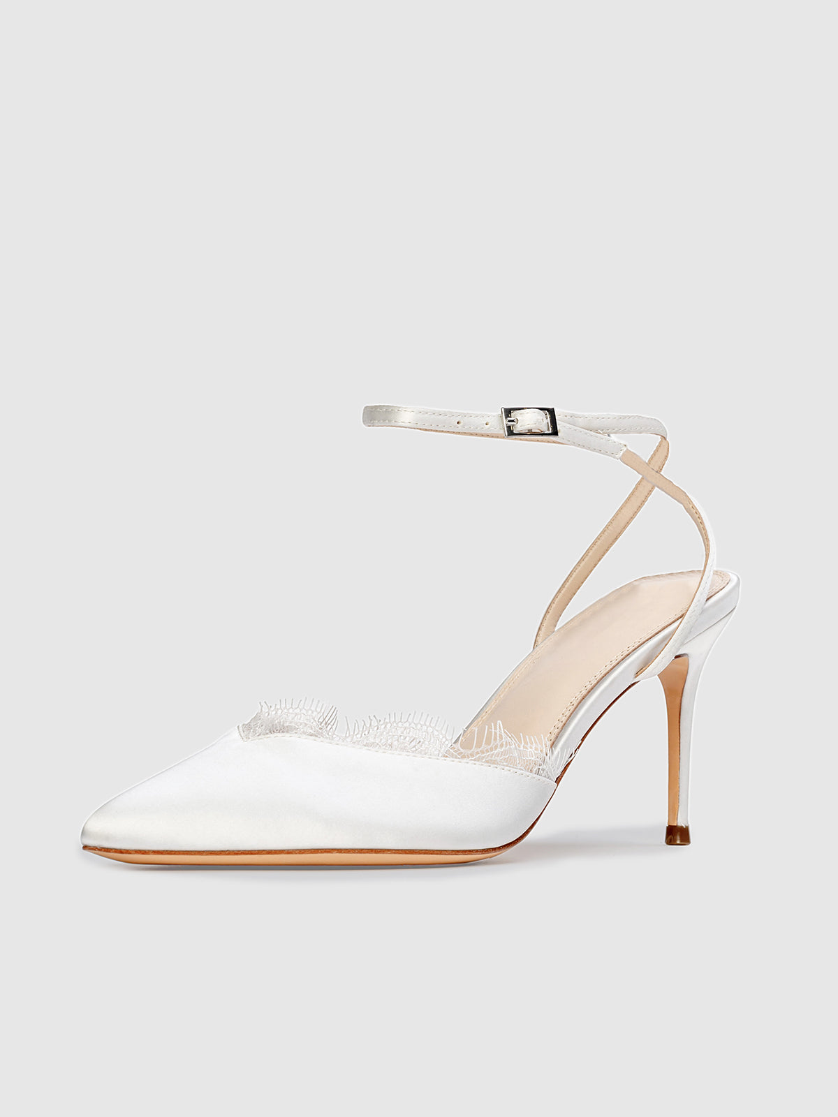 White Satin Pointed-Toe Lace Upper Ankle Strap High Heels