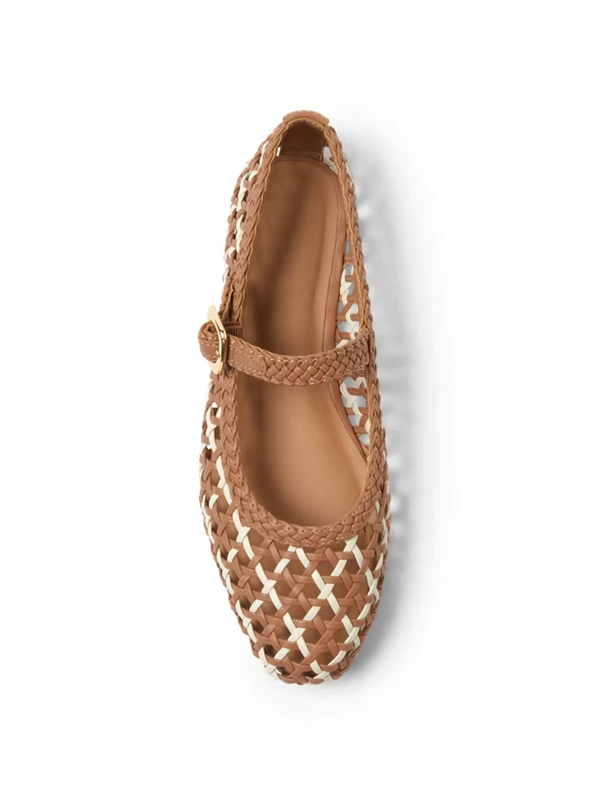 Cognac Woven Vegan Leather Square-Toe Buckle Mary Jane Classic Flats