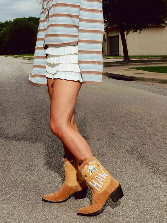 Tan Faux Suede And Vegan Leather Metallic Heart Star Inlay And Letter Inlay Mid Calf Cowgirl Boots