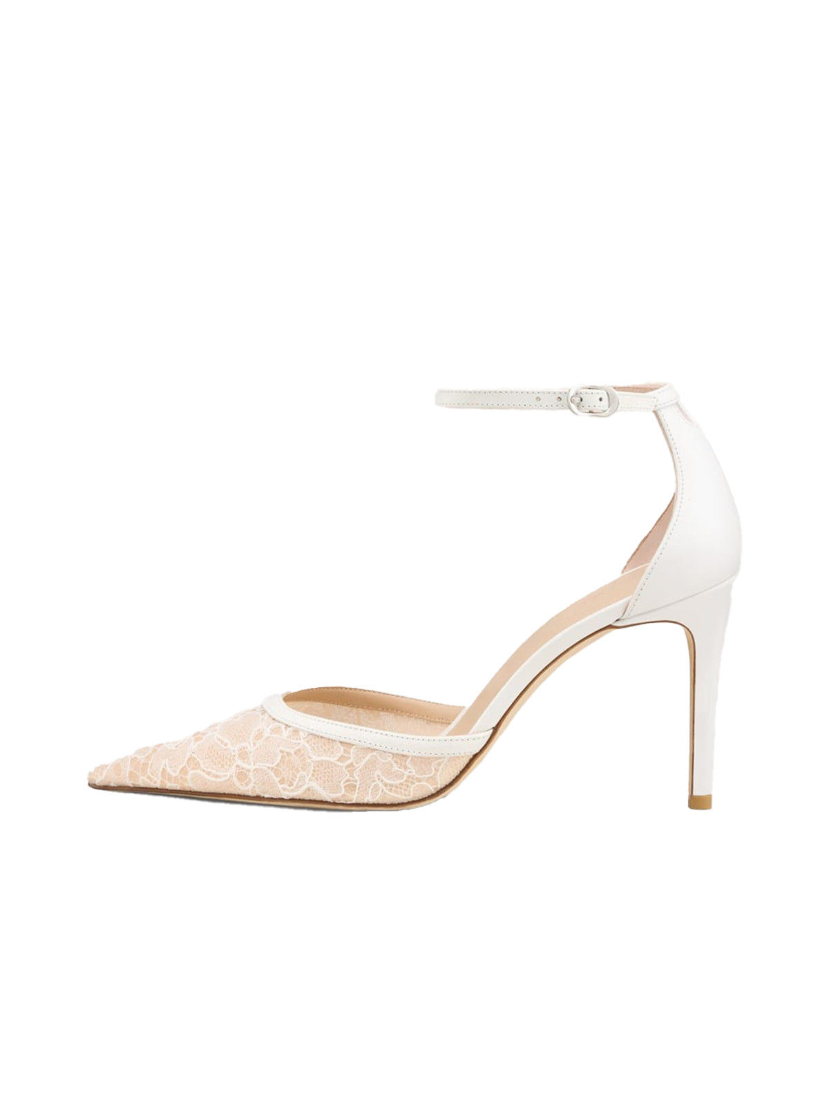 White Satin And Lace Mesh Pointed-Toe Classic Ankle Strap High Heels