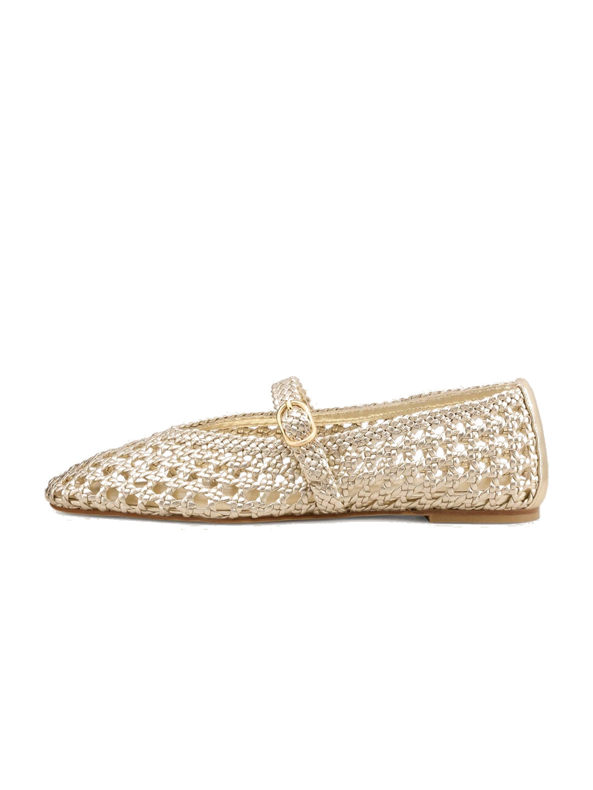 Metallic Gold Woven Vegan Leather Square-Toe Classic Buckle Bridge Strap Flats