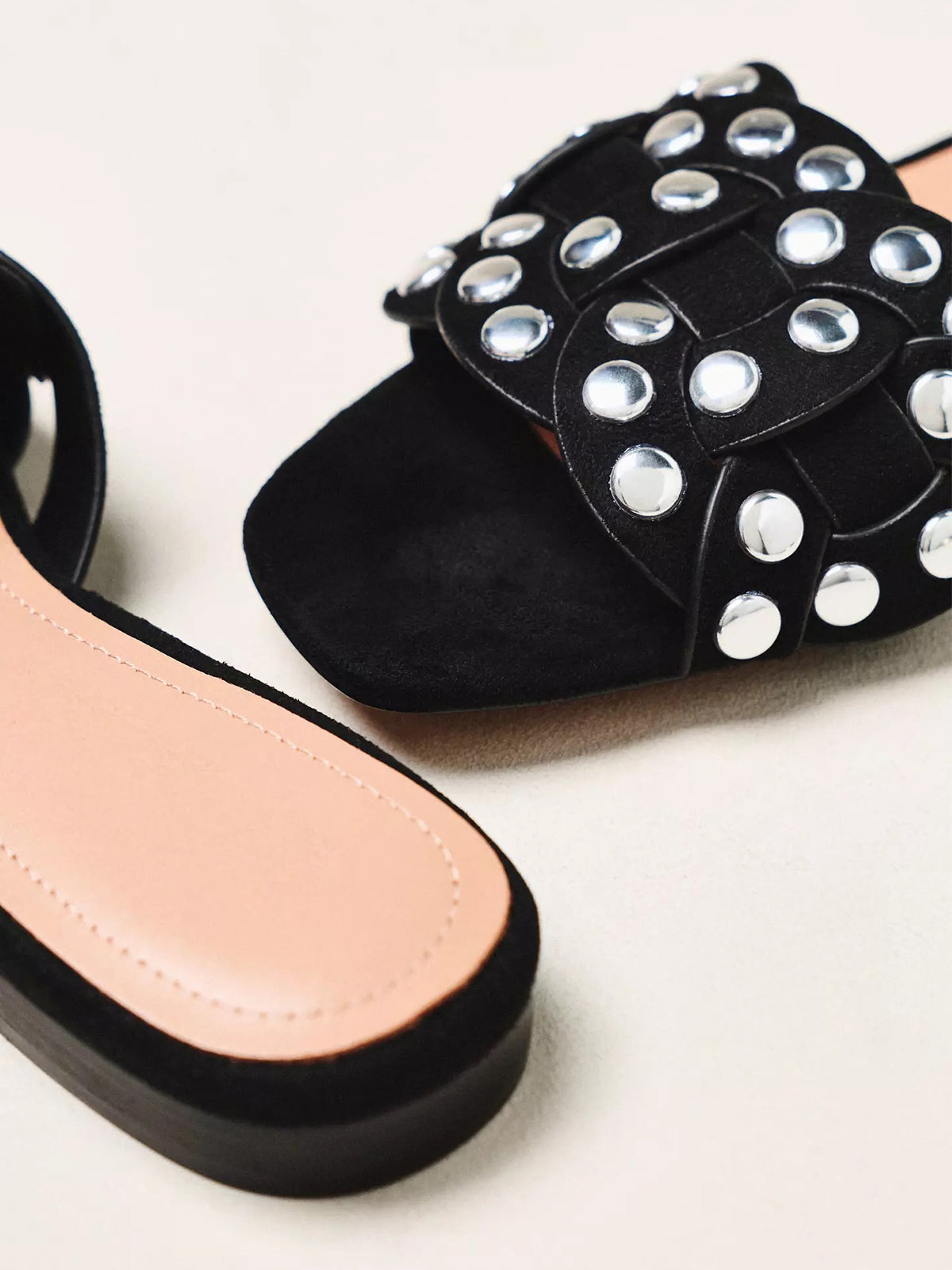 Black Faux Suede Square-Toe Studded Slip-On Sandals Flats