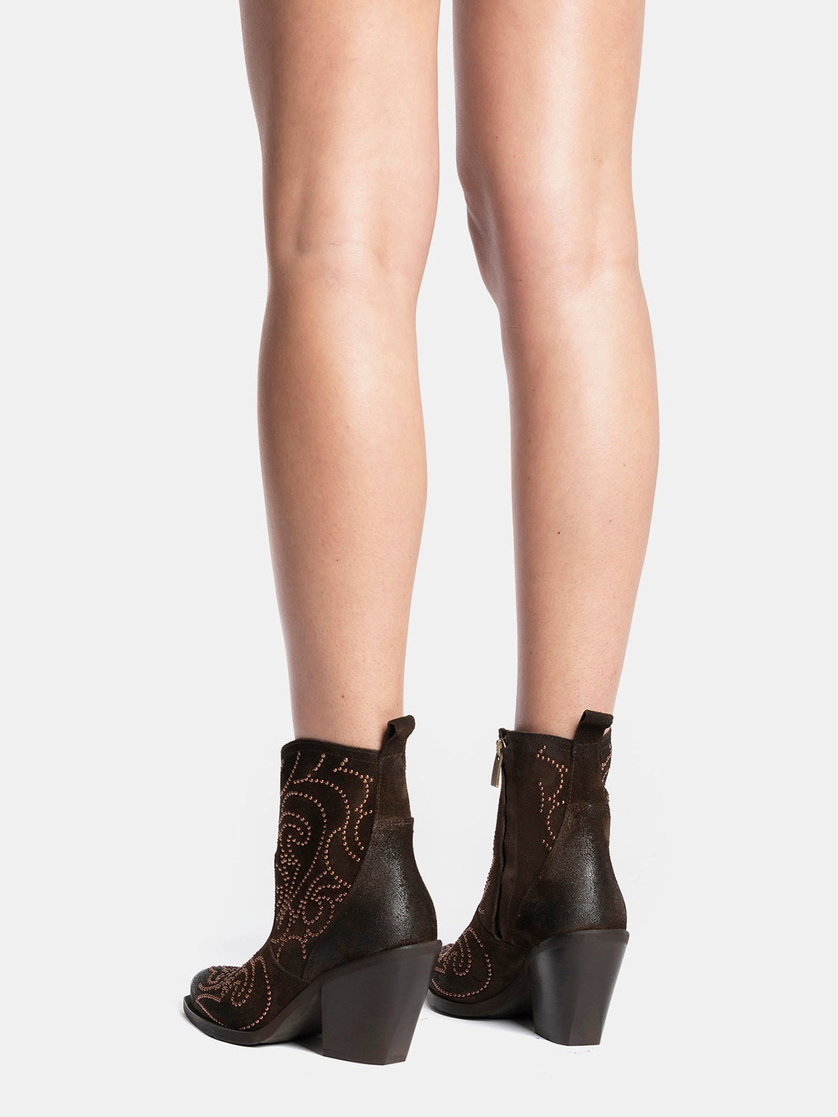 Dark Brown Faux Suede Snip-Toe Studded Full-Zip Ankle Cowgirl Boots