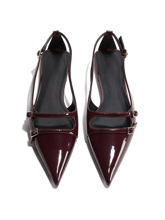 Patent Burgundy Pointed-Toe Front Double Strap And Slingback Flats