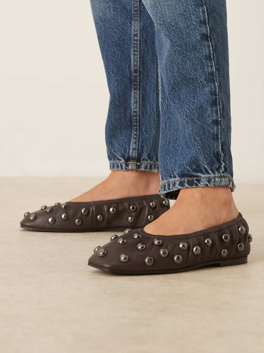 Brown Square-Toe Studded Scrunch Ballet Flats