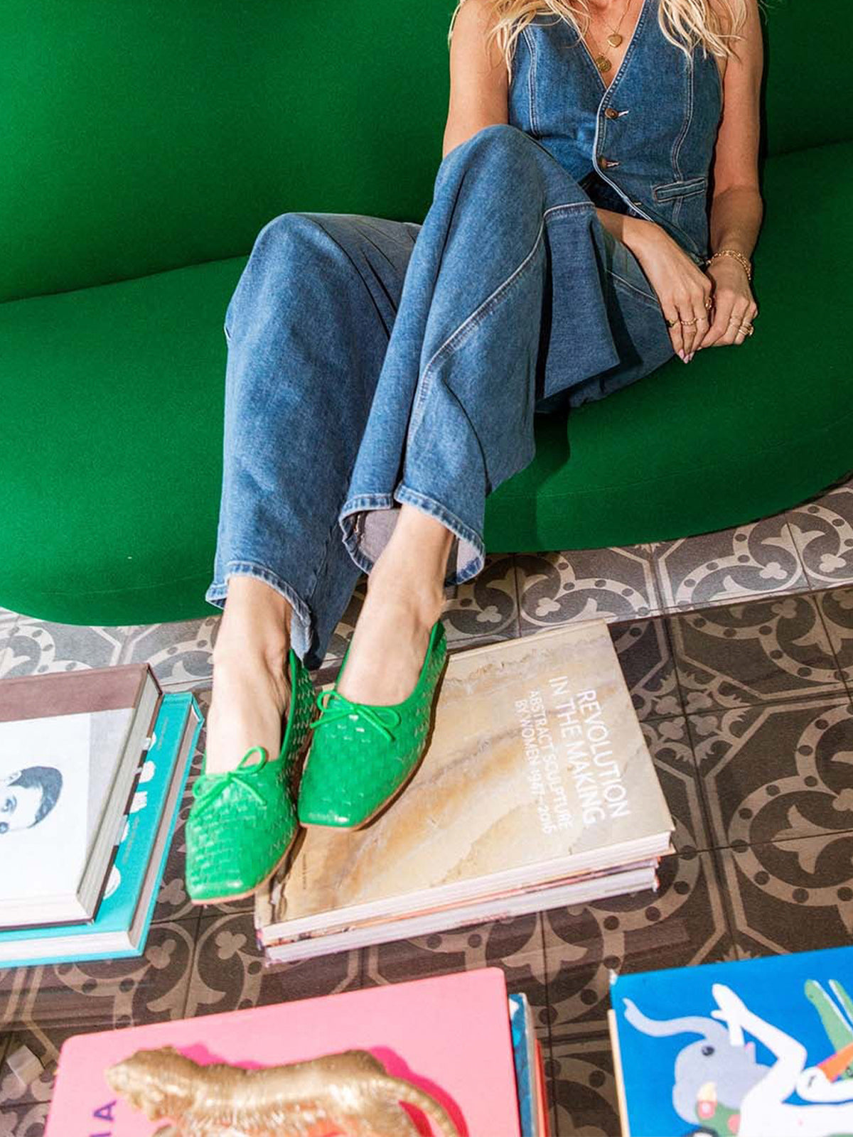 Vegan Leather Woven Square-Toe Bow Ballet Flats - Green