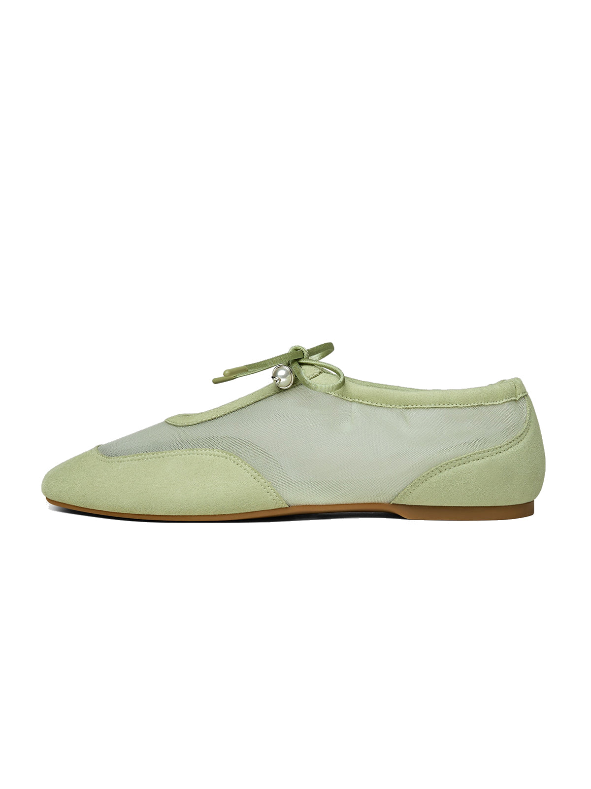 Matcha Green Mesh And Faux Suede Square-Toe Floral Embroidery Bridge Bow Strap Flats