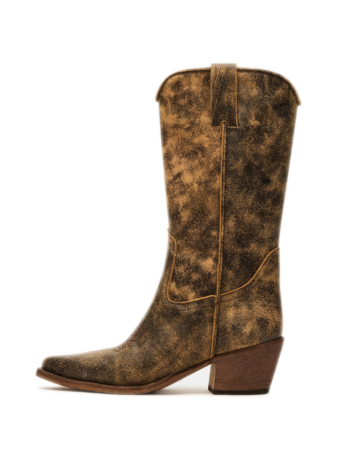 Distressed Brown Pointed-Toe Simple Mid Calf Cowgirl Boots