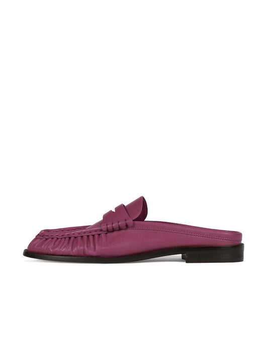 Round-Toe Backless Slip-On Loafer Mule Flats - Fuchsia