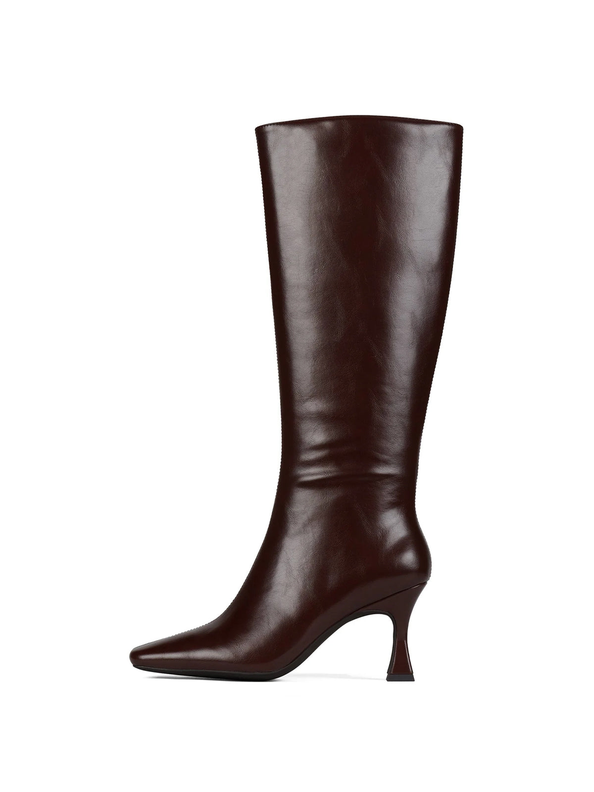 Coffee Square-Toe Wide Calf Simple Knee High Stiletto Boots