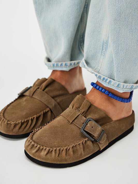 Olive Green Faux Suede Round-Toe Buckle Strap Backless Mules Flats