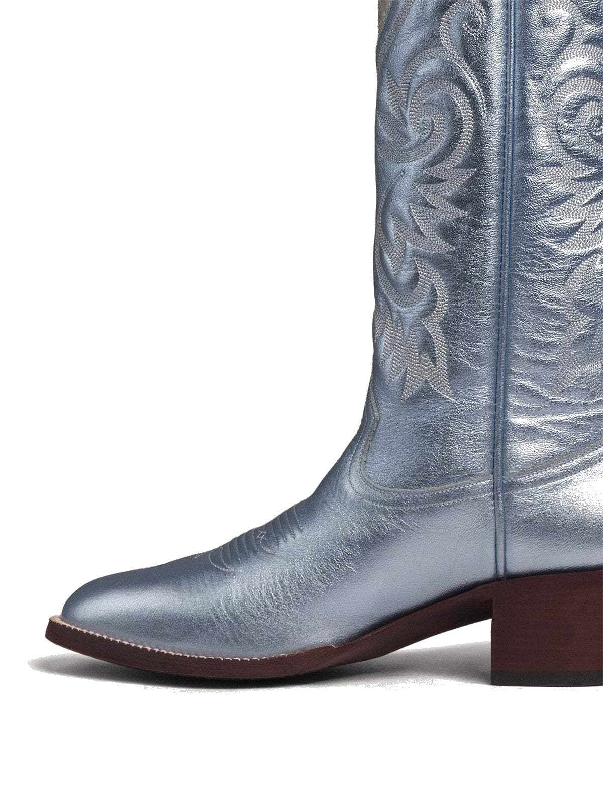 Metallic Blue Round-Toe Chic Hearts Inlay Wide Calf Knee High Cowgirl Boots