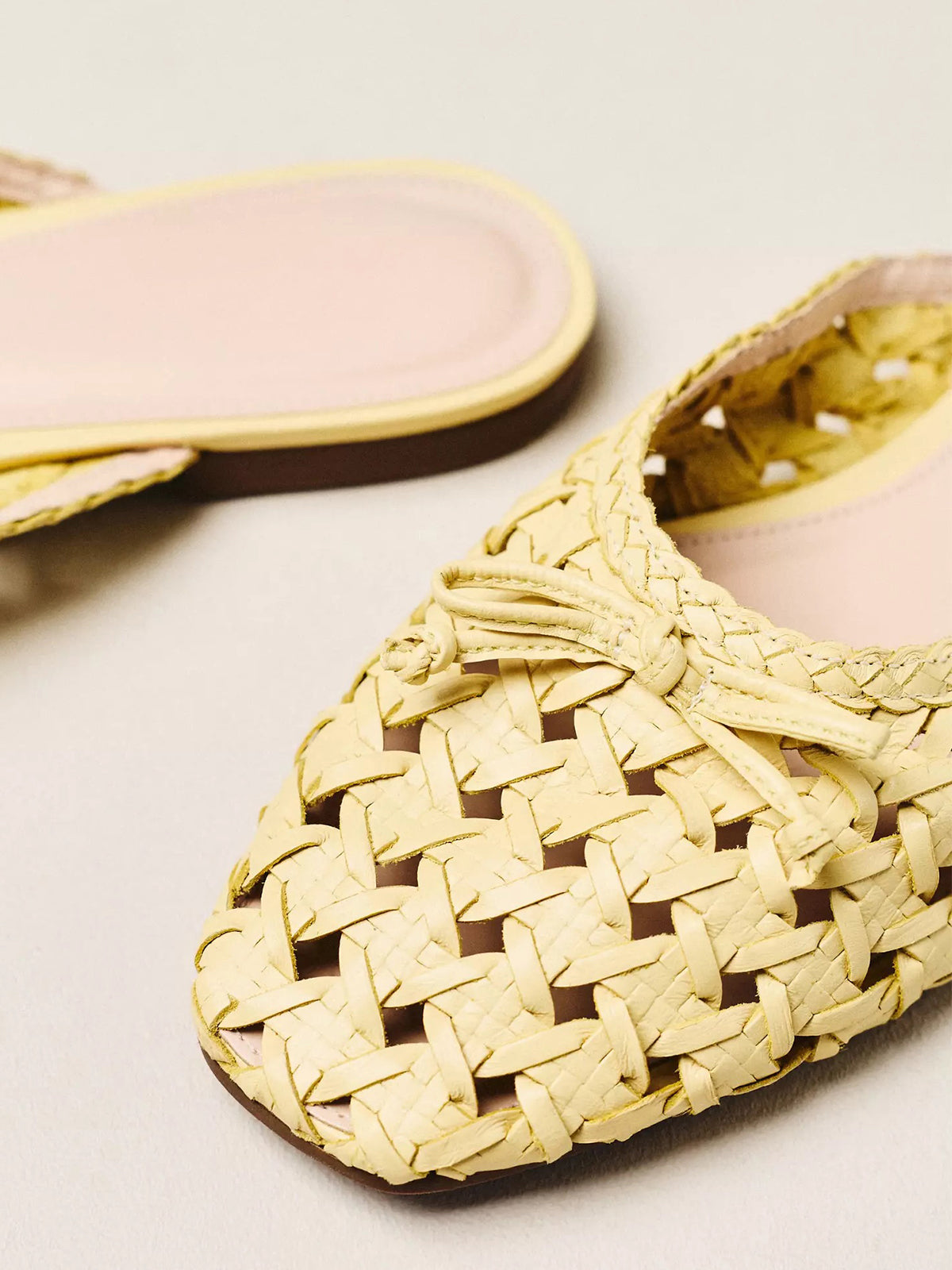 Yellow Woven Vegan Leather Square-Toe Front Bow Mules Flats