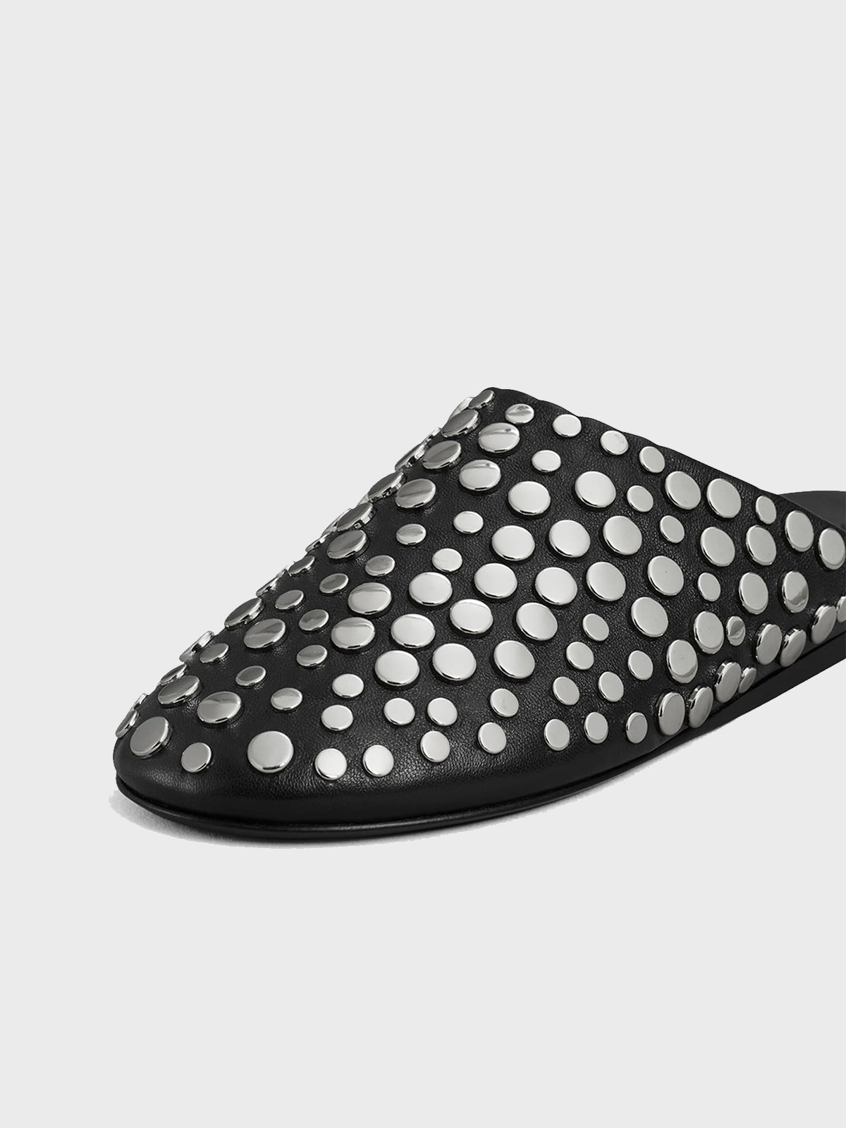 Black Round-Toe Studded Mule Flats