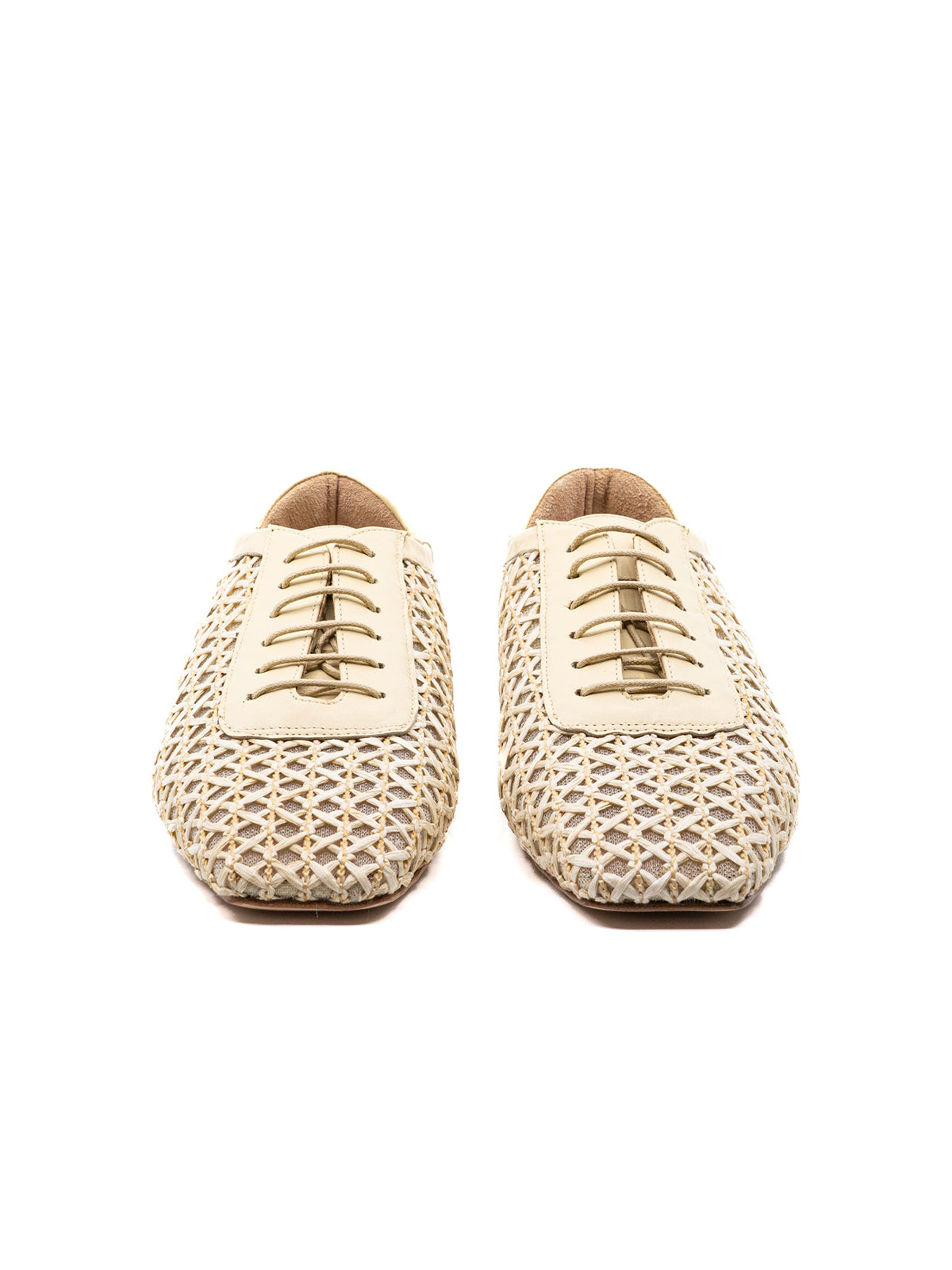 Bone Woven Mesh And Vegan Leather Square-Toe Lace-Up Chic Flats