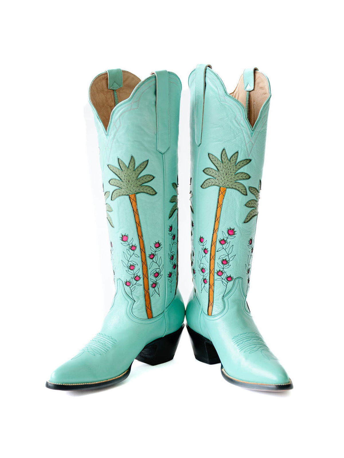 Light Green Almond-Toe Wide Calf Western Boots Knee High Tall Boots With Green Palm Inlay