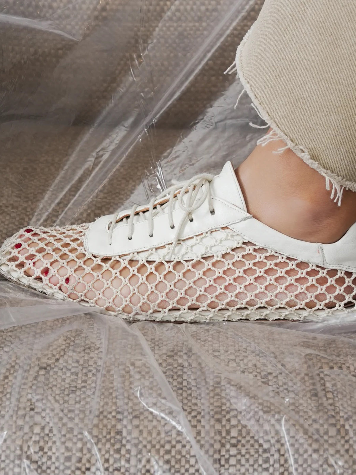 Ivory Mesh And Vegan Leather Square-Toe Lace-Up Chic Flats