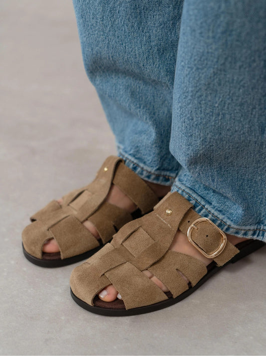 Light Khaki Cow Suede Round-Toe Caged Detail Backless Flats