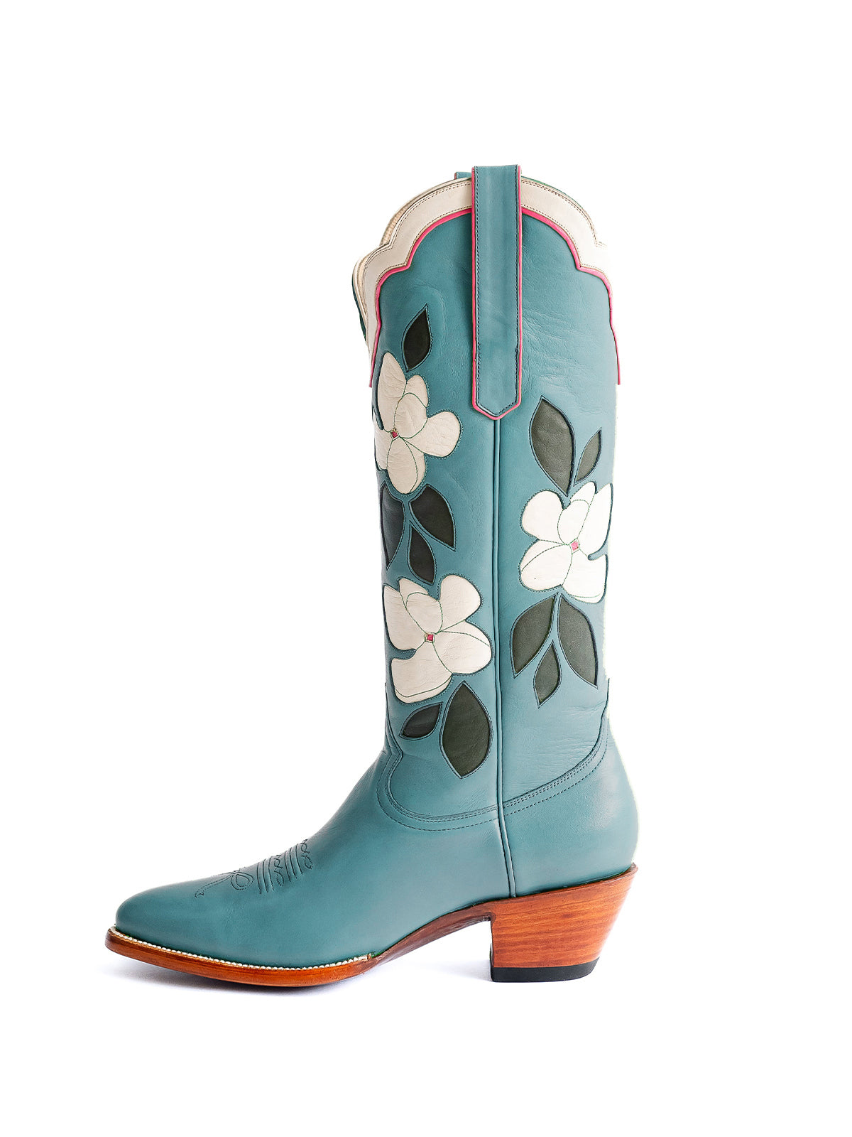 Ink Blue Almond-Toe White Flower Inlay Wide Calf Knee High Cowgirl Boots