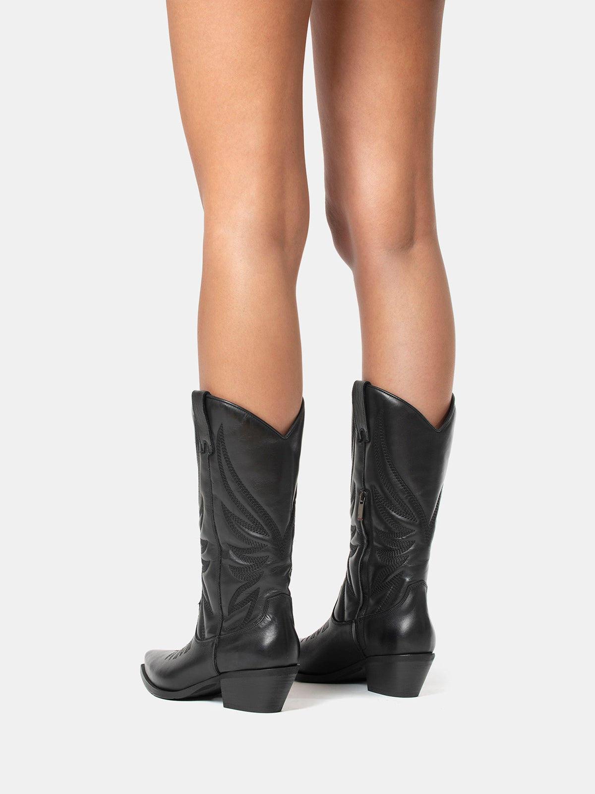 Black Snip-Toe Classic Embroidery Half-Zip Mid Calf Cowgirl Boots For Women