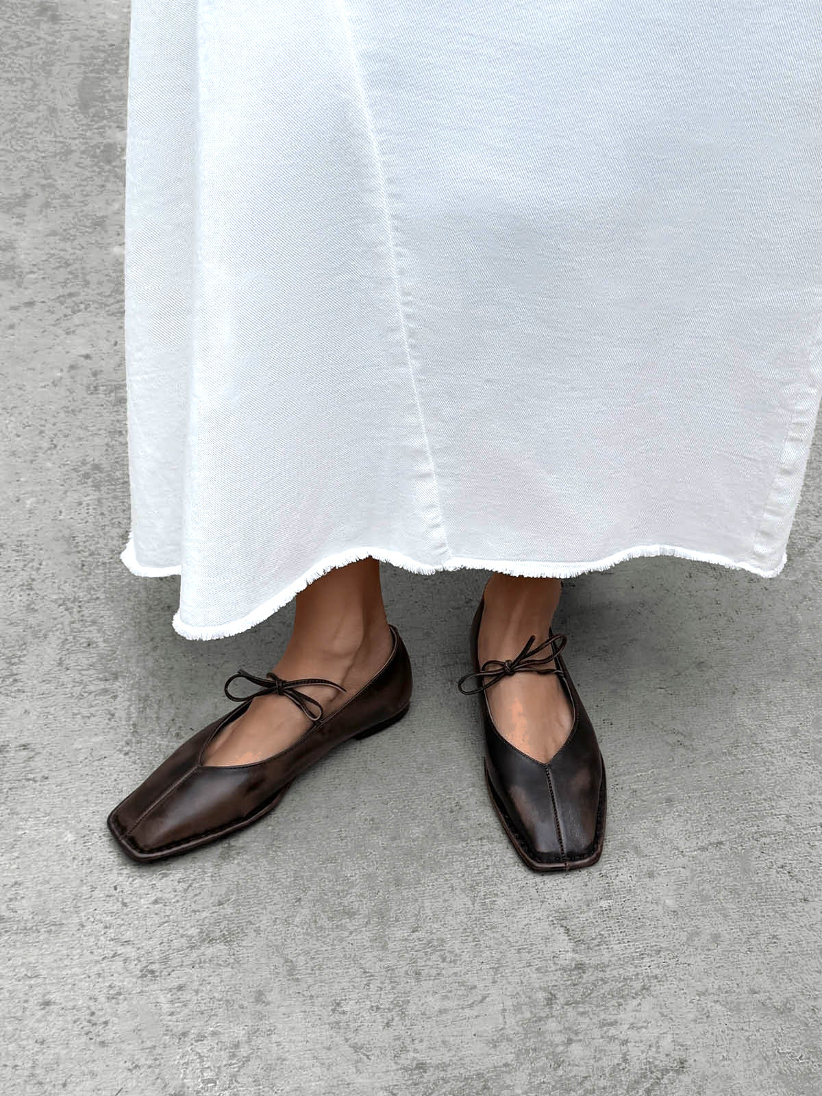 Brown Square-Toe Studs And Middle Strap Ballet Flats