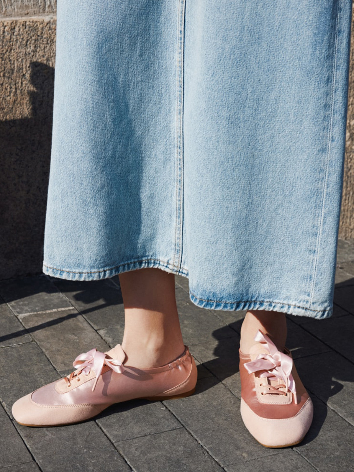 Peach Satin And Faux Suede Square-Toe Floral Embroidery Lace-Up Flats