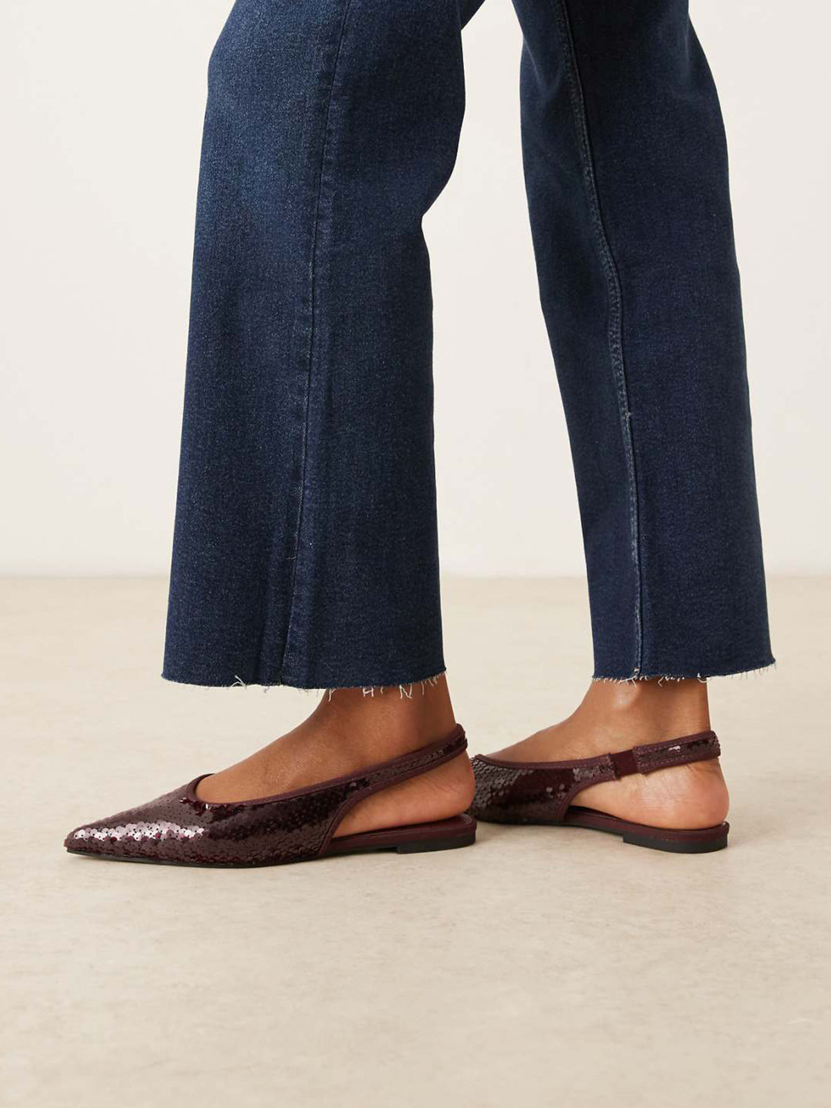 Burgundy Sequin Satin Pointed-Toe Elasticated Slingback Strap Flats