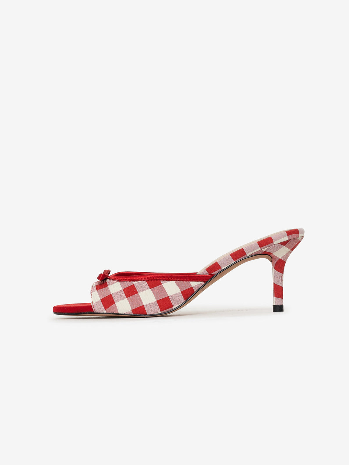Red Satin And Gingham Round-Toe Bow Kitten Heels