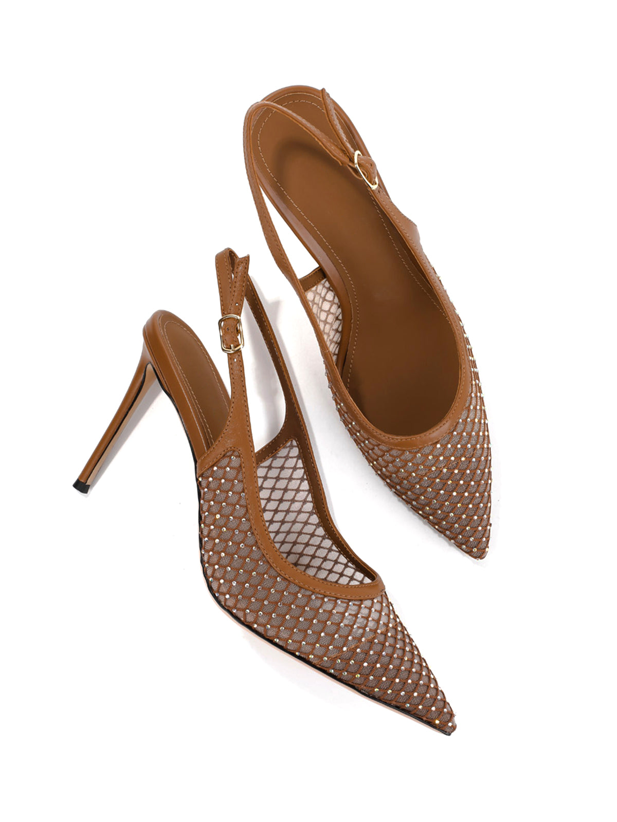 Brown Mesh With Rhinestones Pointed-Toe Back Strap High Heels