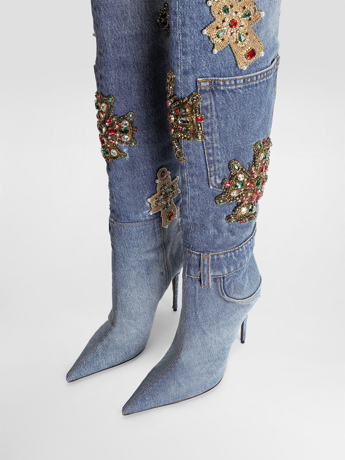 Blue Denim Pointed-Toe Crystals Appliqués Wide Calf Knee High Stiletto Boots