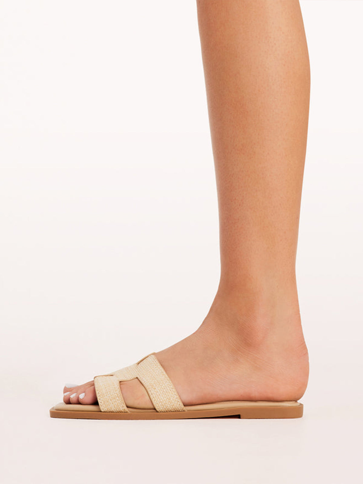 Nude Straw Plaited Open Square-Toe Slip-On Simple Sandals Flats