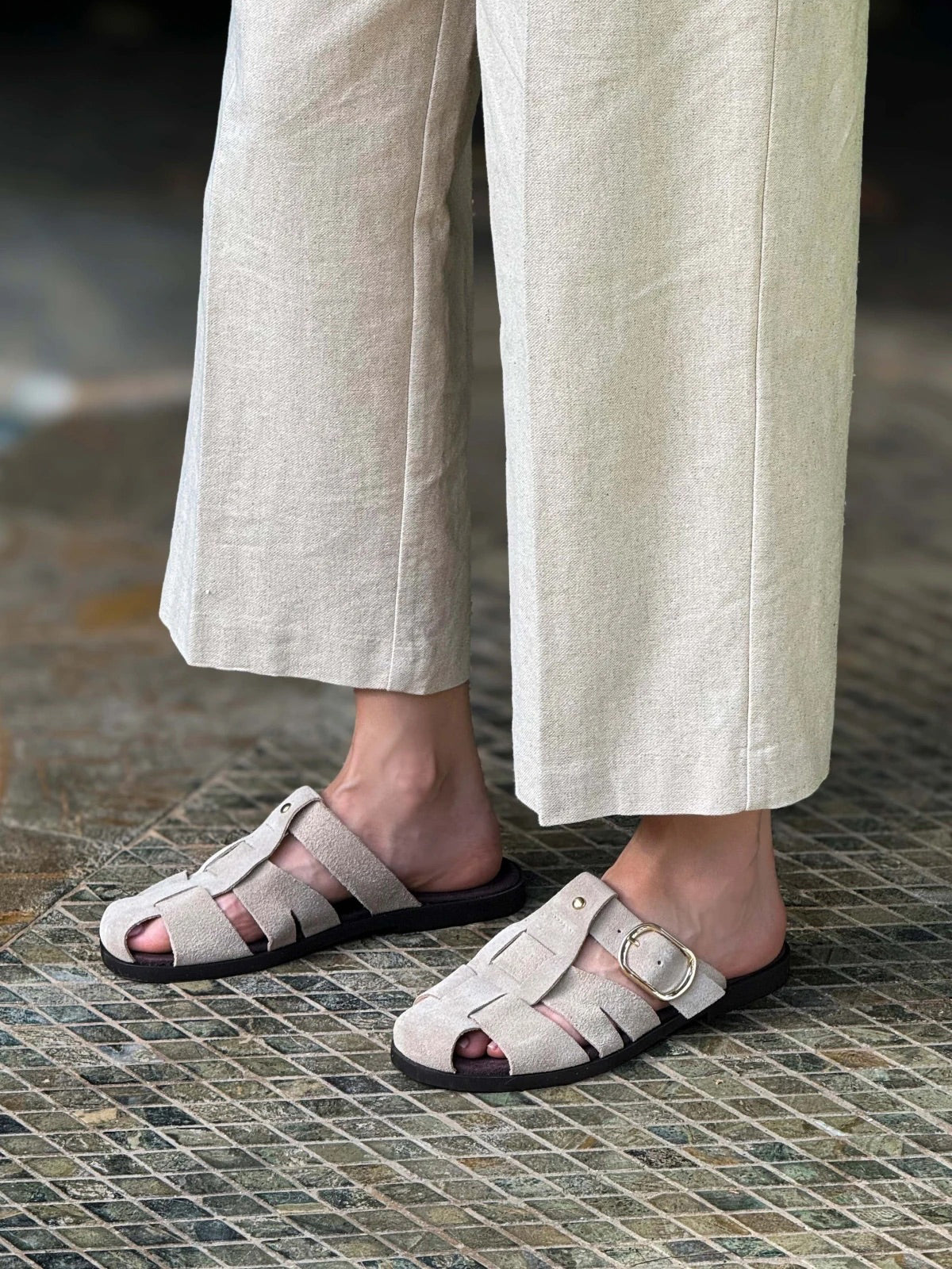 Beige Cow Suede Round-Toe Caged Detail Backless Flats