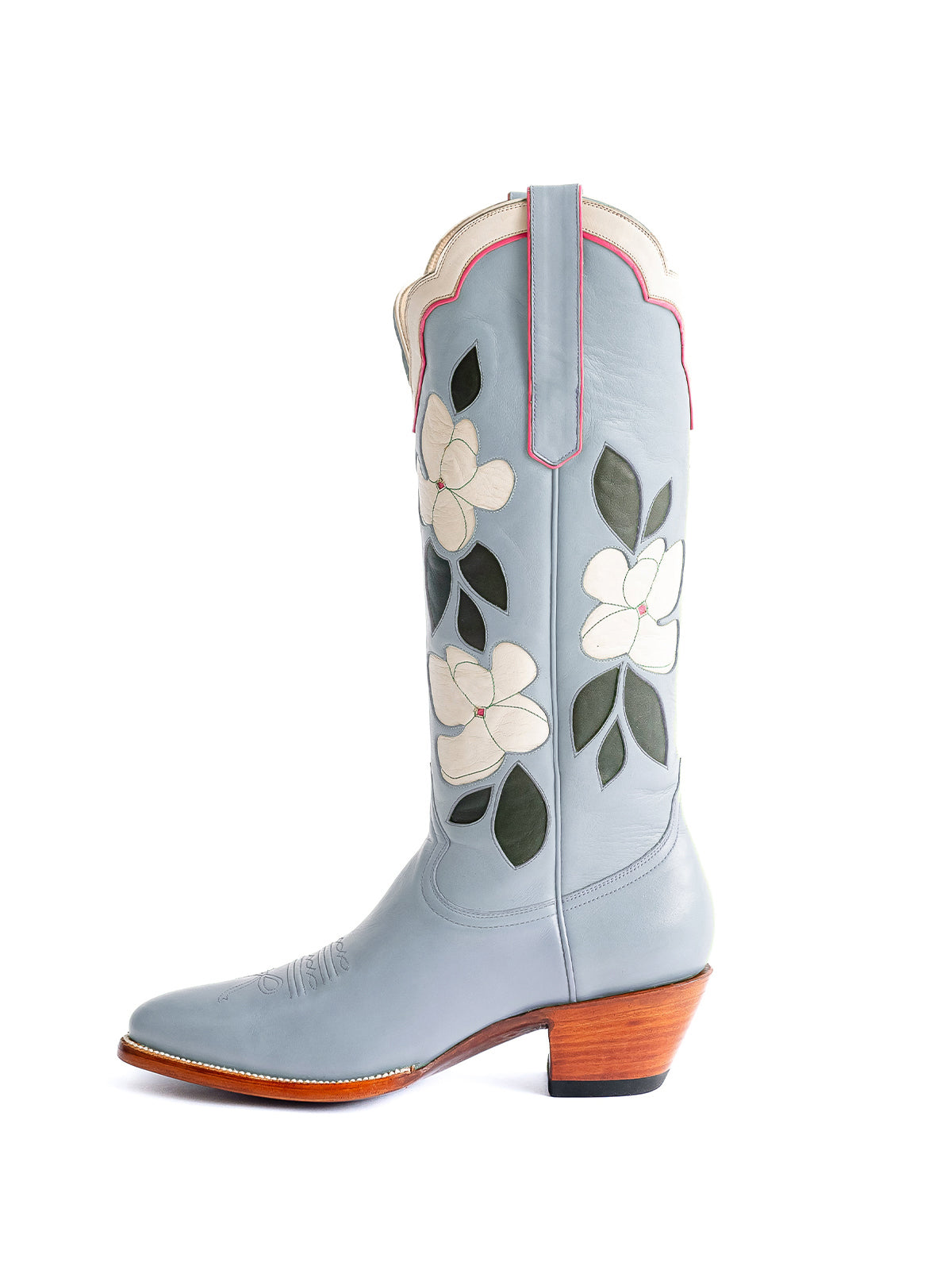 Blue Almond-Toe White Flower Inlay Wide Calf Knee High Cowgirl Boots