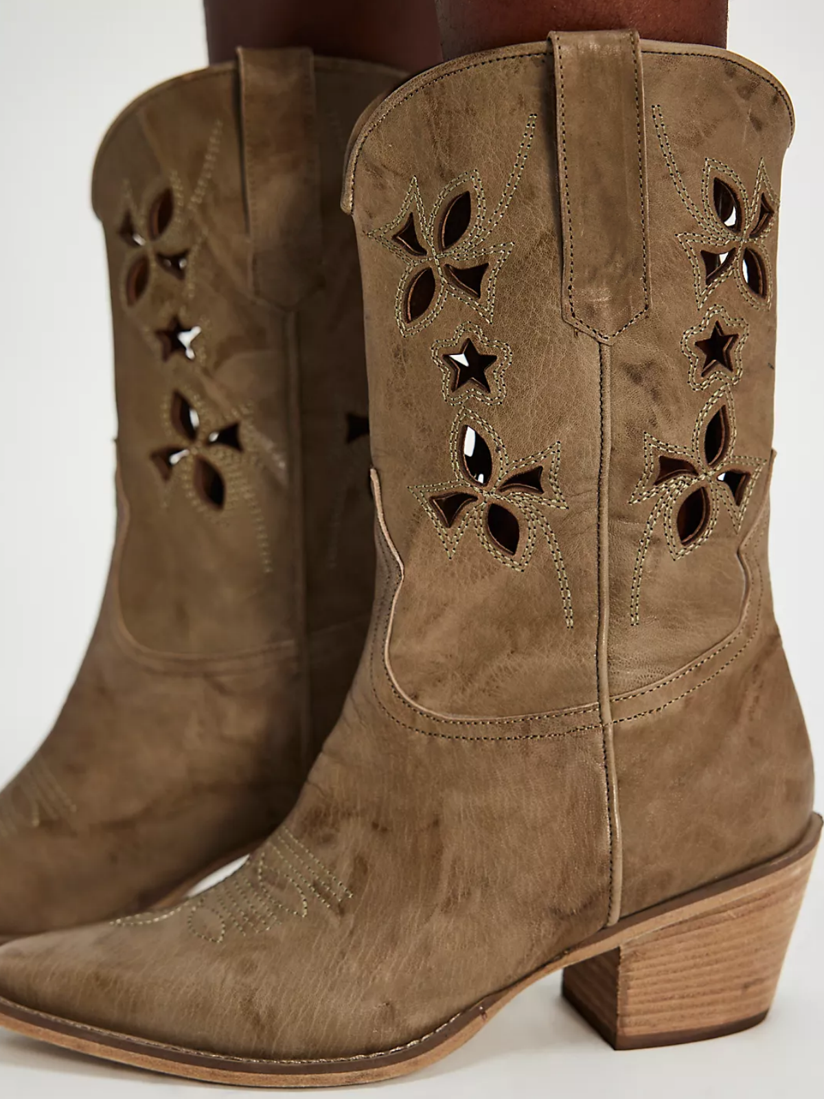 Dusty Olive Cutout Embroidery Pointed-Toe Wide Mid Calf Cowgirl Boots