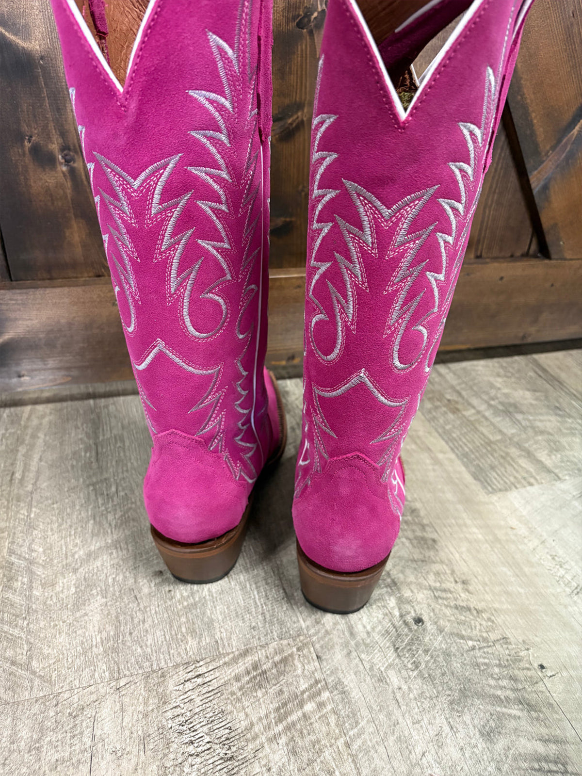 Pink Faux Suede Snip-Toe Classic Embroidery Wide Calf Knee High Cowgirl Boots