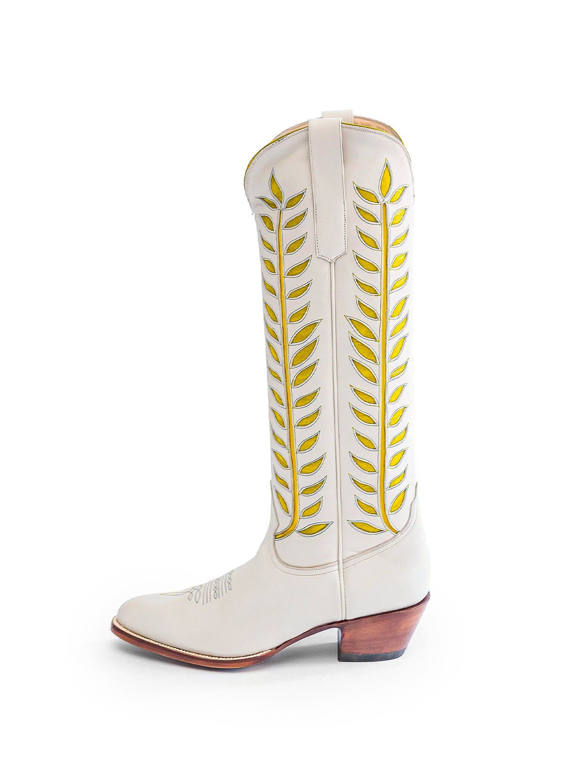 Almond-Toe Yellow Leaves Inlay Wide Calf Tall Knee High Cowgirl Boots - White