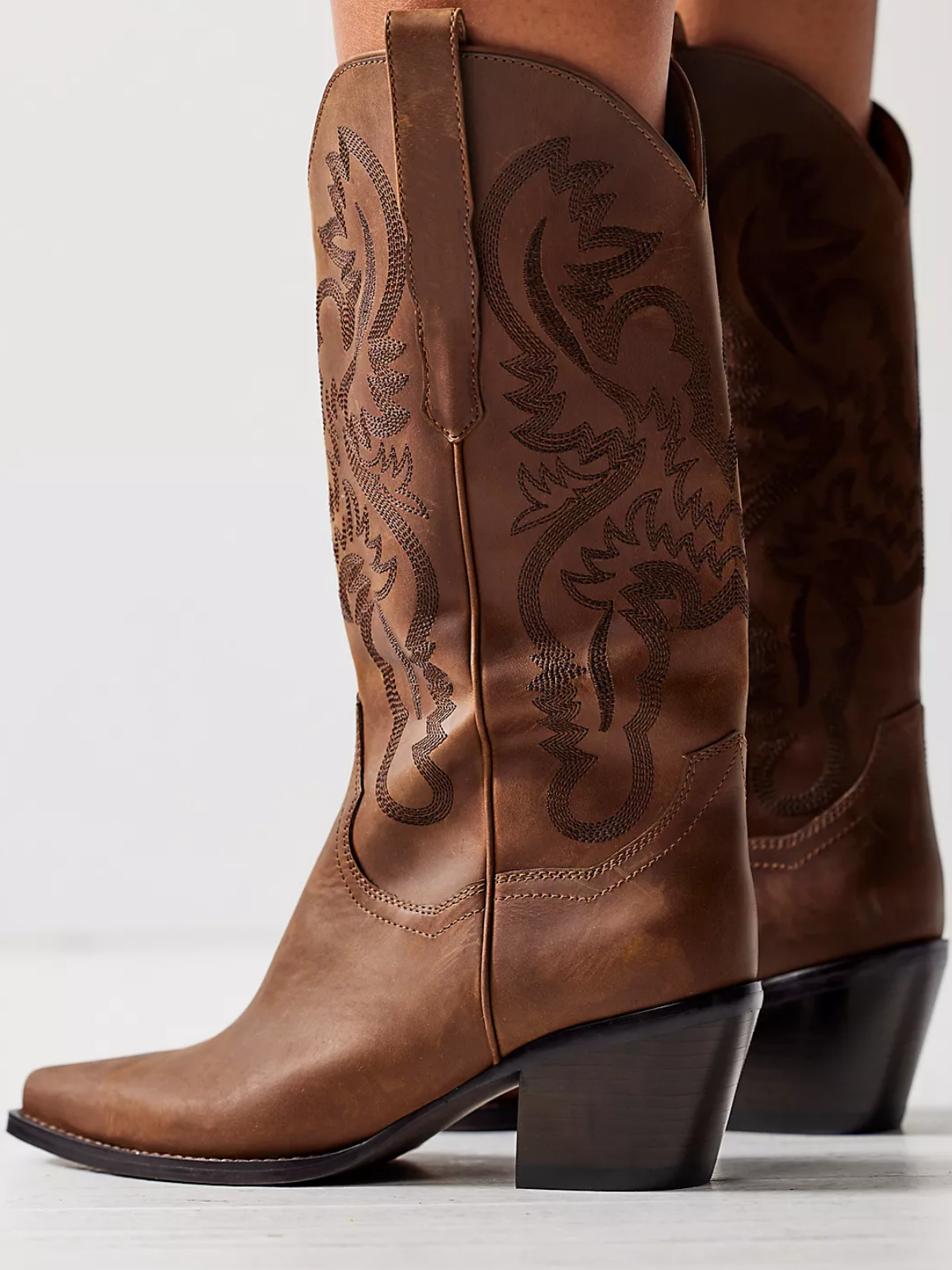 Brown Snip-Toe Western Embroidery Wide Mid Calf Tall Cowgirl Boots