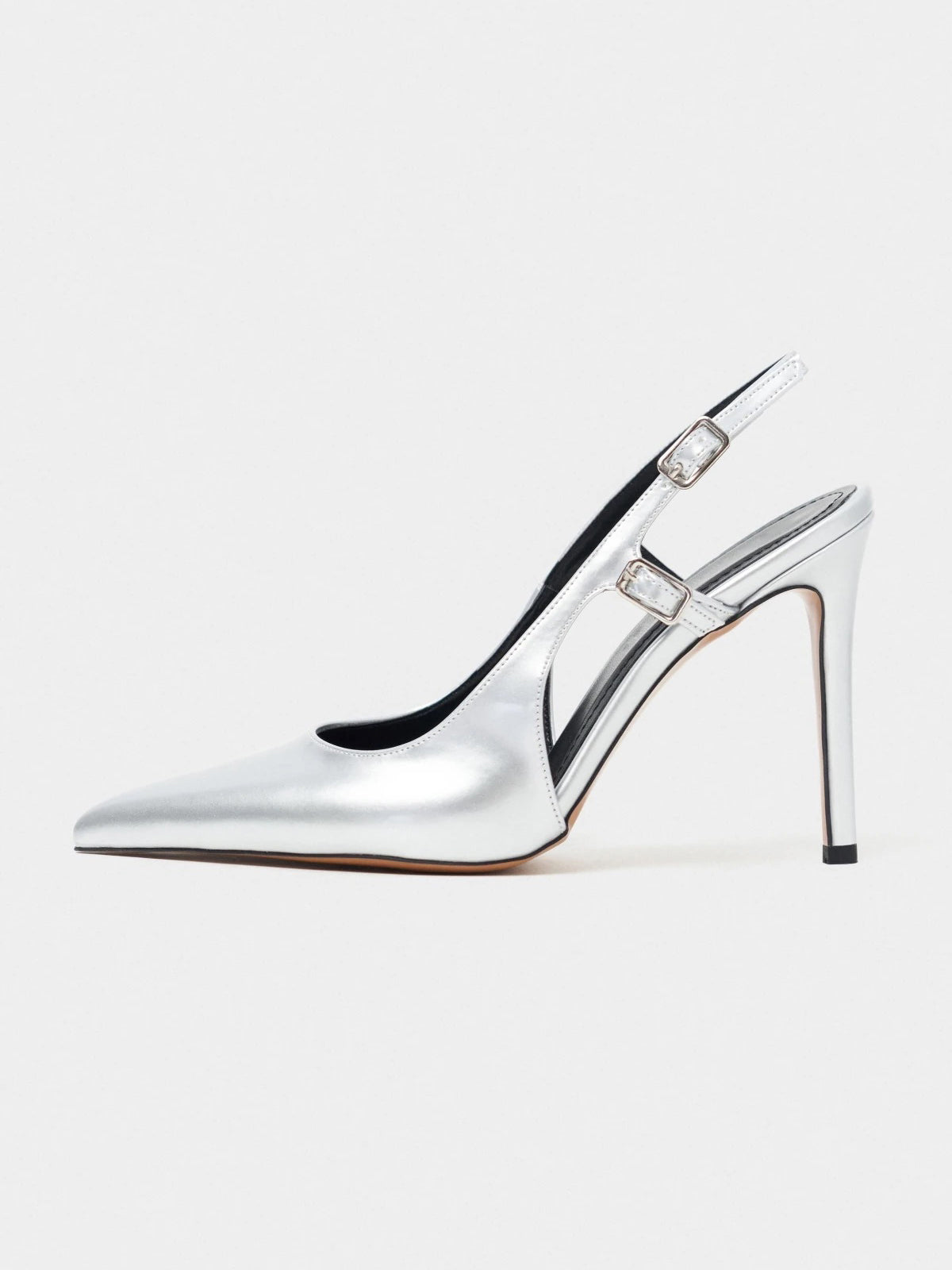 Pointed-Toe Buckle Back Strap Chic High Heels - Metallic Silver